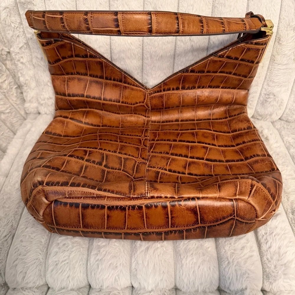G.I.L.I Embossed crocodile Brown Leather hobo Handbag